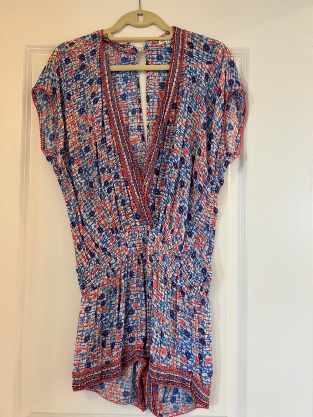 Poupette St. Barth Blue & Coral Printed V-Neck Mini Dress